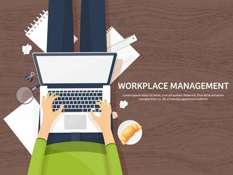 Workplace with table and computer. Laptop,documents,papers,notepad,pencil Illustrazione stock