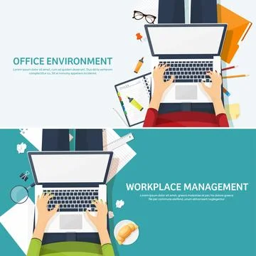 Workplace with table and computer. Laptop,documents,papers,notepad,pencil Stock Illustration