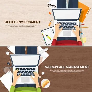 Workplace with table and computer. Laptop,documents,papers,notepad,pencil Stock Illustration