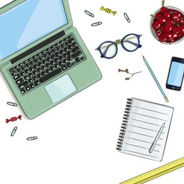 Workplace with table and computer, vector イラスト素材