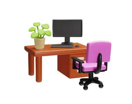 Workplace with table, chair and computer, vector volumetric home or office イラスト素材