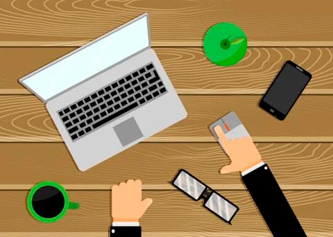 Workplace table with laptop. Workspace office desk Stock Illustration