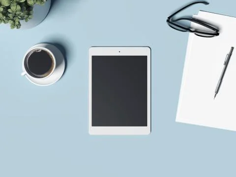 Workplace with tablet pc, blank sheets and glasses. 3d rendering 库存插图