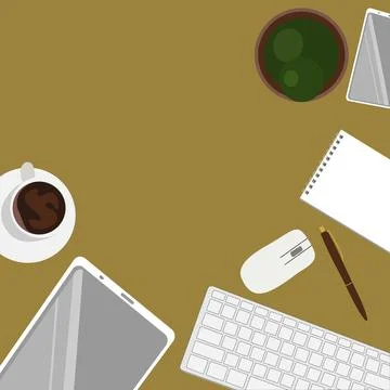 Workplace. Tablet, phone, keyboard, coffee, notepad. Minimalistic concept. Stock Illustration
