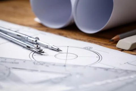 Workplace - technical project drawing with engineering tools. Foto stock
