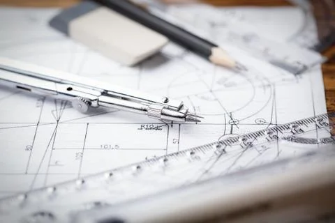 Workplace - technical project drawing with engineering tools. Foto stock