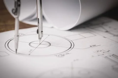 Workplace - technical project drawing with engineering tools. Foto stock