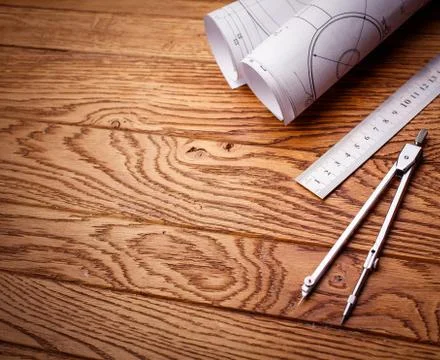 Workplace - technical project. engineering tools on wooden table. Foto stock