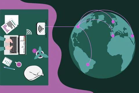 Workplace for telework or learning and Earth Stock Illustration