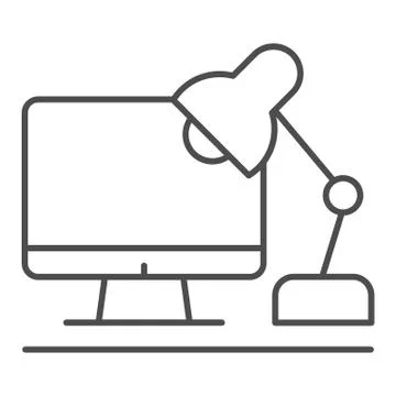Workplace thin line icon. Pc and table lamp vector illustration isolated on Illustrazione stock