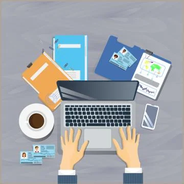 Workplace Top Angle View Concept Business Man Sit At Office Desk Working At Stock Illustration