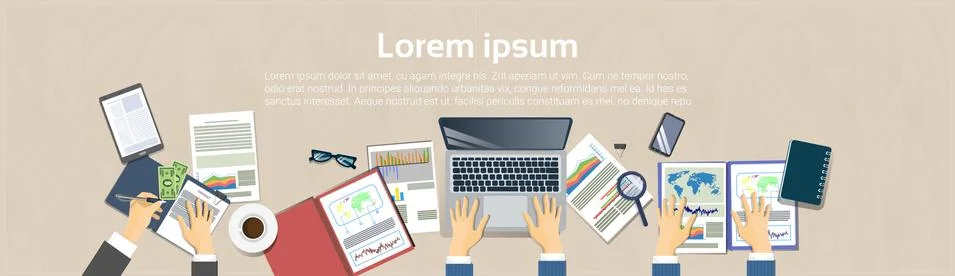 Workplace Top Angle View Concept Business People Hand At Office Desk Working At Stock Illustration