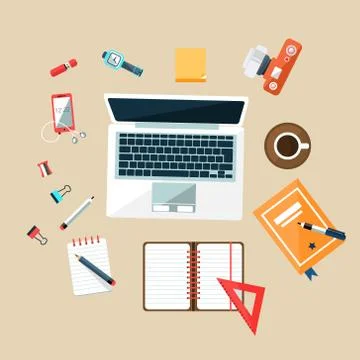 Workplace Top View Concept. Flat Design Illustrazione stock