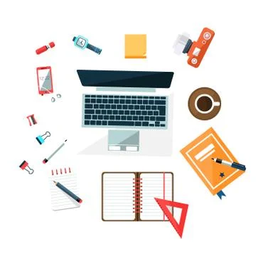 Workplace Top View Concept. Flat Design 스톡 일러스트