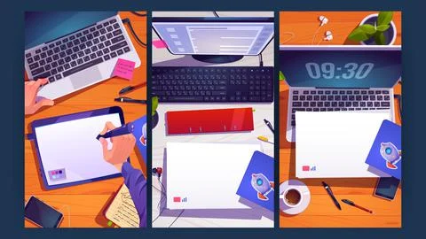 Workplace top view, designer, office employee desk Illustrazione stock