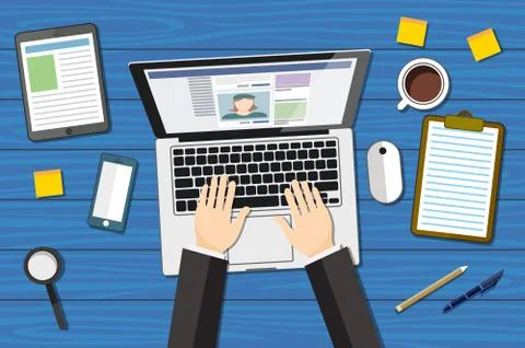Workplace - top view - flat design - laptoop blue - desk vector Stock Illustration