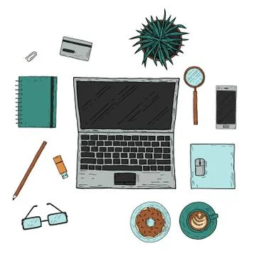 Workplace. Top view. Hand-drawn style. Vector cartoon illustration. Stock Illustration