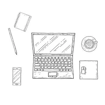 Workplace. Top view. Hand-drawn style. Vector cartoon illustration. Stock Illustration
