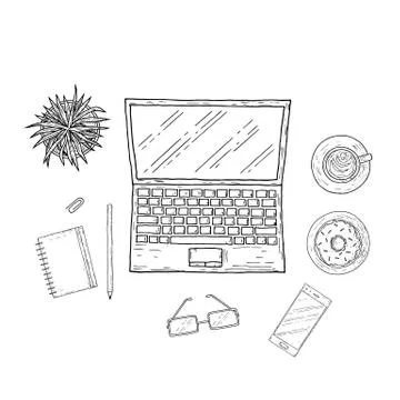Workplace. Top view. Hand-drawn style. Vector cartoon illustration. Stock Illustration