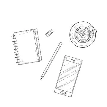 Workplace. Top view. Hand-drawn style. Vector cartoon illustration. Stock Illustration