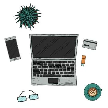 Workplace. Top view. Hand-drawn style. Vector cartoon illustration. Stock Illustration