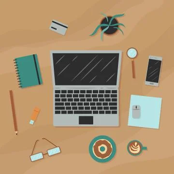 Workplace. Top view. Isolated objects. Vector cartoon illustration. Stock Illustration