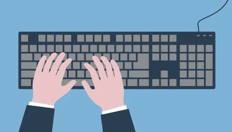 Workplace. Top view. Vector illustration with hands above the keyboard on the 스톡 일러스트