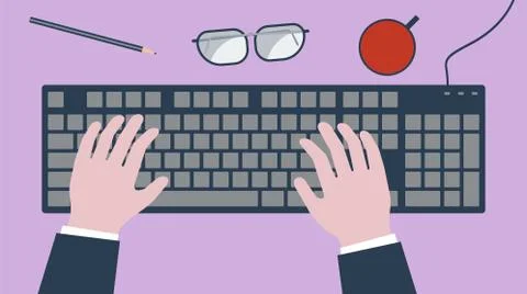 Workplace. Top view. Vector illustration with hands above the keyboard on the Stock Illustration