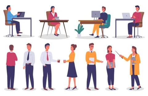 Workplace, using computers, set of businesspeople working with computers sitting Stock Illustration