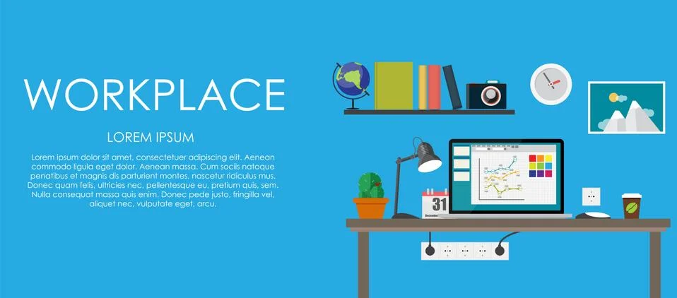 Workplace. Vector illustration. Flat computing background 库存插图