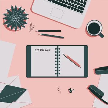 Workplace vector illustration. Top view. Notepad with TO DO List. Plant Succu 스톡 일러스트