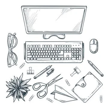 Workplace, vector sketch top view illustration. Office table with computer mo Stock Illustration