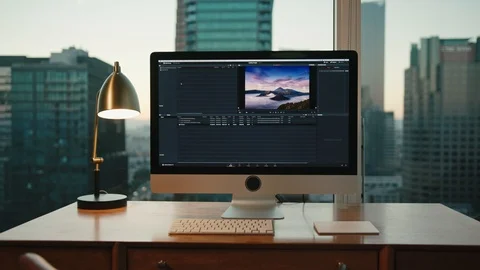 Workplace with view on Downtown LA, editing photos 스톡 동영상 127402214