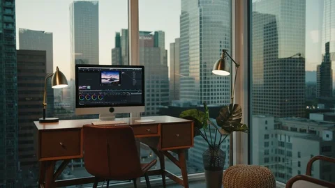 Workplace with view on Downtown LA, editing photos 스톡 동영상 127402218