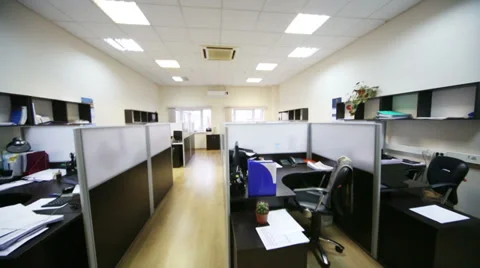 Workplaces with computers and separated by white partitions Stock Footage 38163198