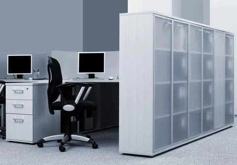 Workplaces with computers in modern office Stock Photos