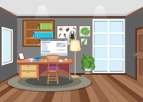 Workroom scene with computer on the table Illustrazione stock