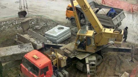 Works at the construction site. Constructing a new building. Substructure work Stock Footage 34052012