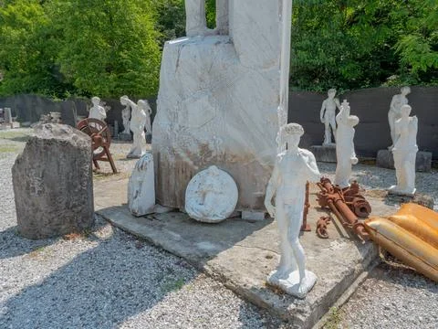 Works of marble in a marble workshop in one of the quarries near Carrara, Italy Stock Photos