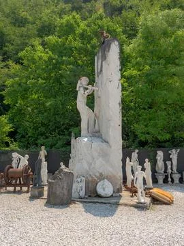 Works of marble in a marble workshop in one of the quarries near Carrara, Italy Stock Photos