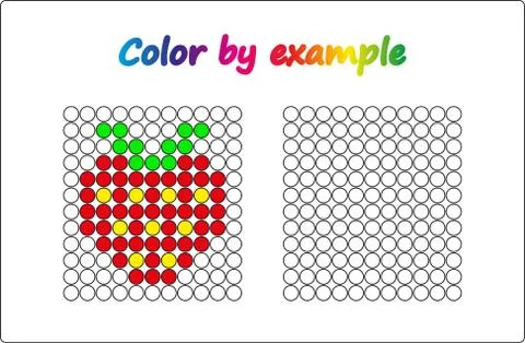 Worksheet.  apple - puzzle task, game for preschool  kids. Color by example.  Stock Illustration