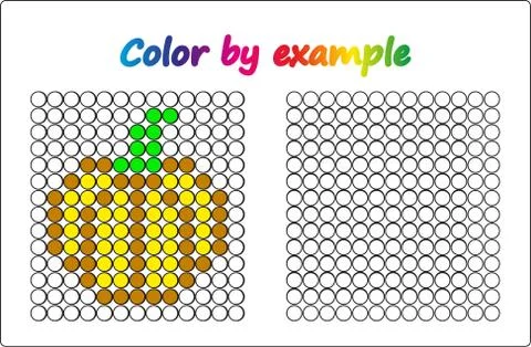 Worksheet.  apple - puzzle task, game for preschool  kids. Color by example.  Stock Illustration