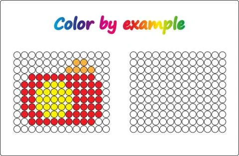 Worksheet.  apple - puzzle task, game for preschool  kids. Color by example.  Stock Illustration
