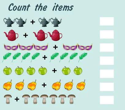 Worksheet count items template in mathematics, additional education Stock Illustration