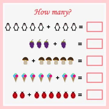 Worksheet. Mathematical puzzle game. Learning mathematics, tasks for addition Stock Illustration