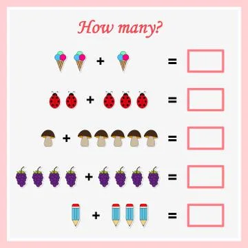 Worksheet. Mathematical puzzle game. Learning mathematics, tasks for addition Stock Illustration