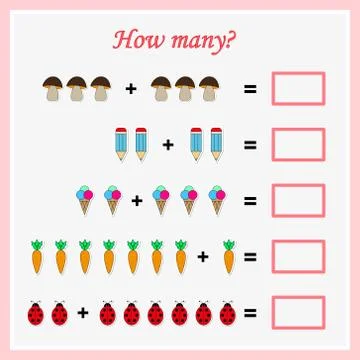 Worksheet. Mathematical puzzle game. Learning mathematics, tasks for addition Stock Illustration