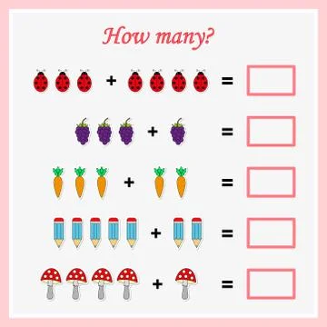 Worksheet. Mathematical puzzle game. Learning mathematics, tasks for addition Illustrazione stock