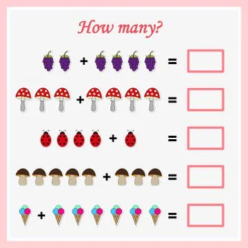 Worksheet. Mathematical puzzle game. Learning mathematics, tasks for addition Stock Illustration