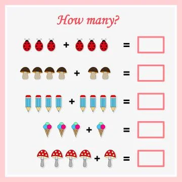 Worksheet. Mathematical puzzle game. Learning mathematics, tasks for addition Illustrazione stock